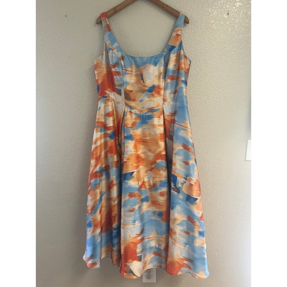 Azazie Atelier Dresses & Skirts - Sleeveless Midi Dress in Blue & Orange Abstract Print